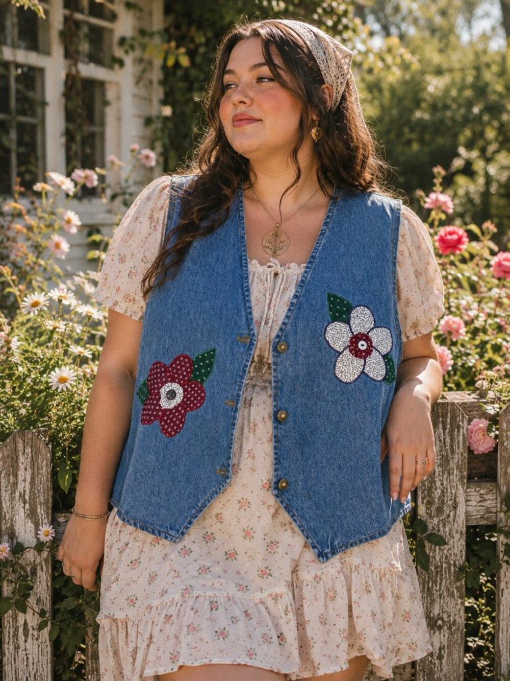 Upcycled Denim Vest | Floral Appliqué Cottagecore Boho